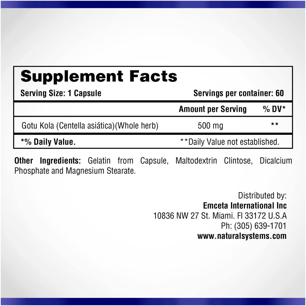 Centella Asiatica 500 mg 60 Capsules by Natural Systems - Gotu Kola Herb Moisturizer for Your Skin - Extract Also Beneficial for Calming Mind Tiredness