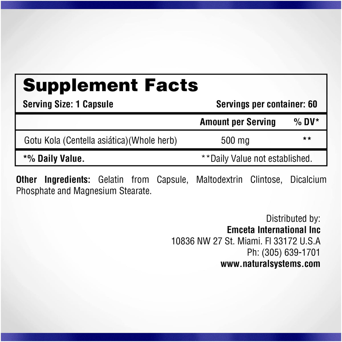 Centella Asiatica 500 mg 60 Capsules by Natural Systems - Gotu Kola Herb Moisturizer for Your Skin - Extract Also Beneficial for Calming Mind Tiredness