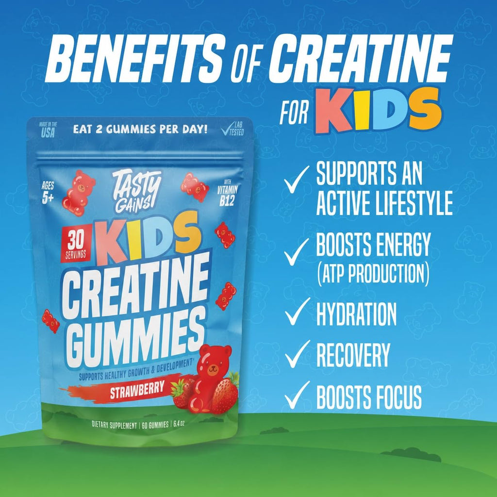 TASTY GAINS Kids & Teen Creatine Gummies with Vitamin B12 for Advanced Growth Support, Youth Sports Performance & Cellular Muscle Hydration Chewables, Ages 5+ (Strawberry, 60 Count)
