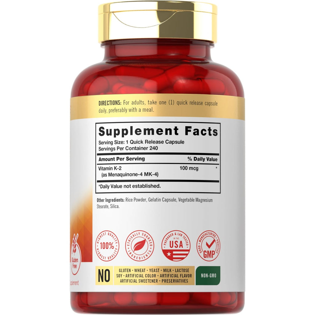 Carlyle Vitamin K2 Supplement 100 mcg | K2 MK-4 | 240 Capsules | Non-GMO & Gluten Free