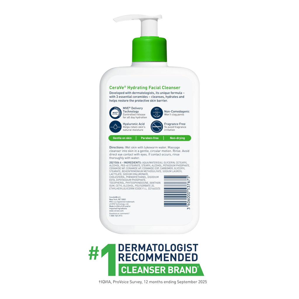 CeraVe Hydrating Cleanser with Hyaluronic Acid, Face Wash for Dry Skin,16oz | Skin Care For Men and Women, Daily Cleanser & Makeup Remover with Glycerin & Ceramides, National Eczema Association Certified