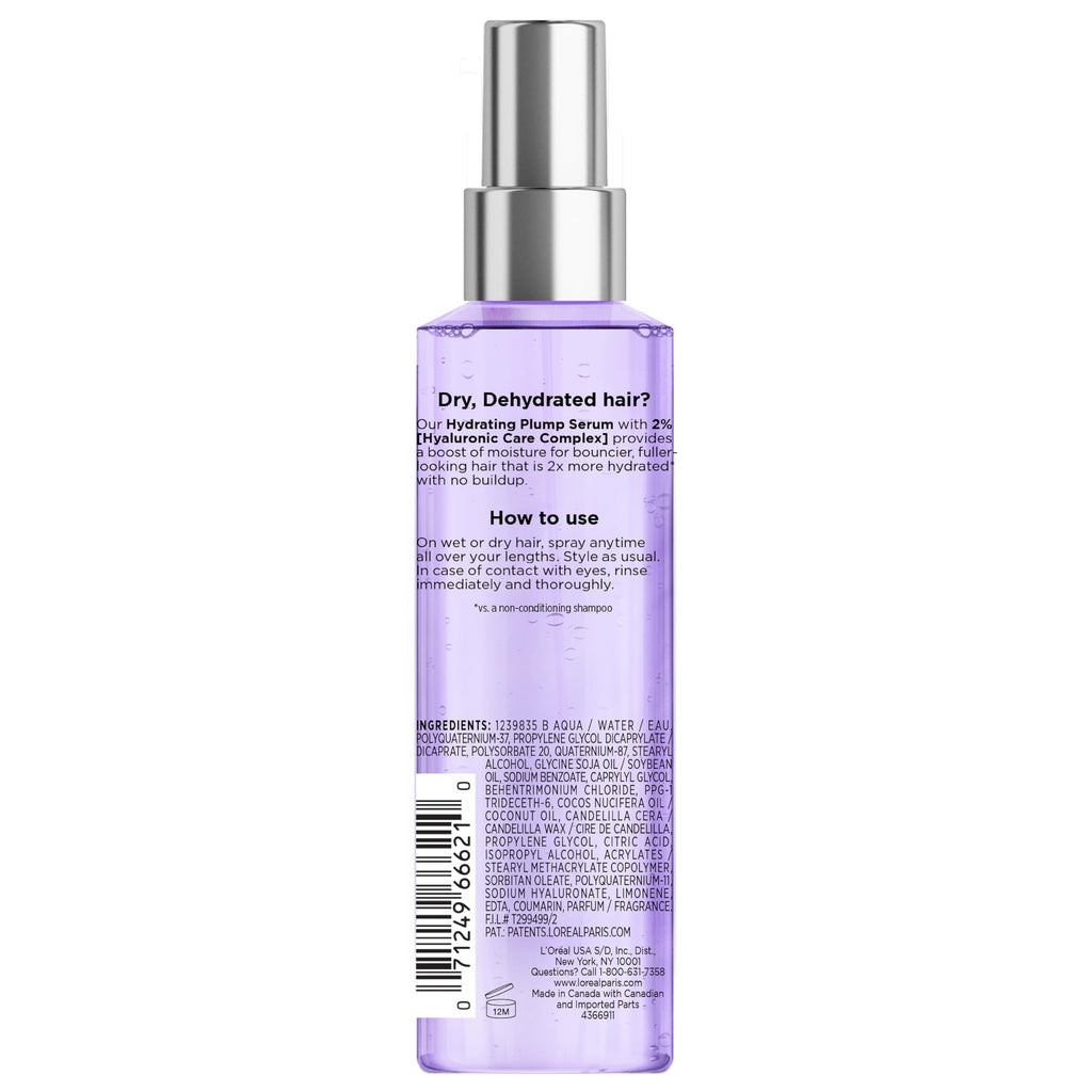 L'Oreal Paris Elvive Hyaluron Plump Moisture Plump Hair Serum for Dehydrated, Dry Hair with Hyaluronic Acid Care Complex, Paraben-Free, 4.4 Fl Oz