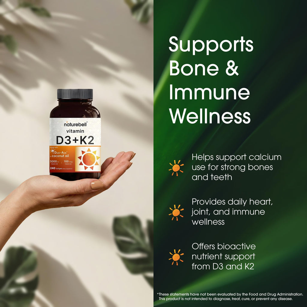 NatureBell Vitamin D3 K2-240 Softgels - 5,000 IU Vitamin D3 & 100mcg Vitamin K2 MK-7 with Coconut Oil - Bone, Heart & Immune Health Support* - 3rd Party Tested - 8-Month Supply