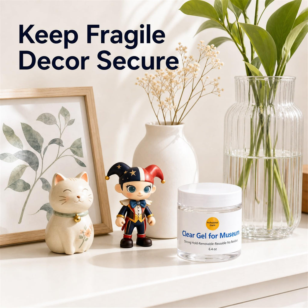 6.4 oz Clear Exhibit Gel for Museum – Removable & Reusable Earthquake Putty with Strong Hold, Adhesive Wax Securing Collectibles, Decor, Antiques, Glass Items, Prevent Shifting & Falling, No Residue