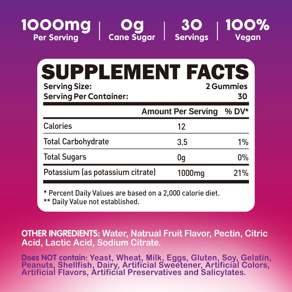 duwhot Potassium Citrate 1000mg Gummies, 60 Chewables | Potassium Supplement for Adults Women & Men, Support Leg Cramps & Muscle Health
