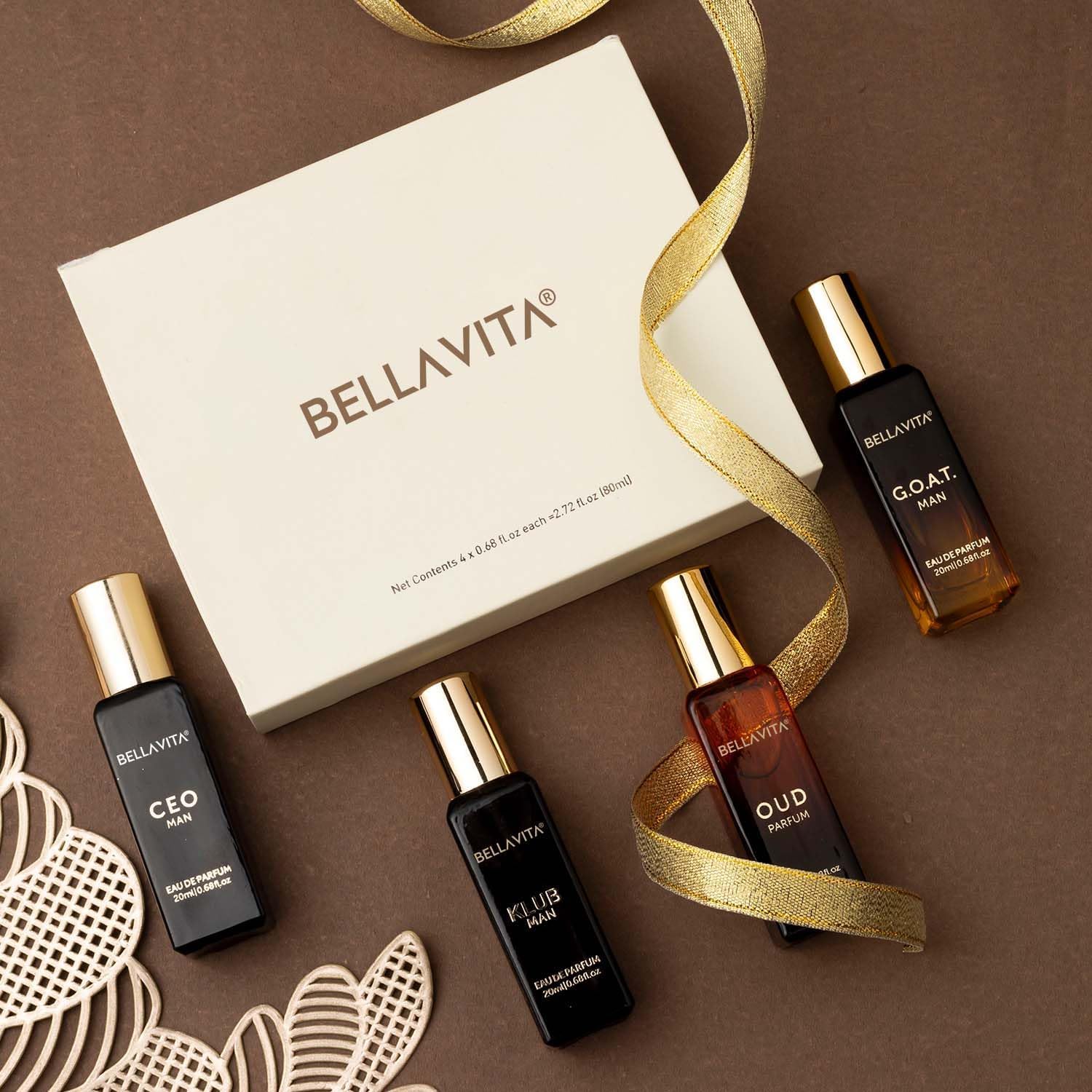 Buy now Bella Vita Luxury Long Lasting Perfume Gift Set for Man | 4x20ml | Gifts for Men | Woody, Citrusy, Oud, Premium Fragrance Scent | KLUB, OUD, CEO, G.O.A.T | Best gift for Valentine's Day at indiglob india