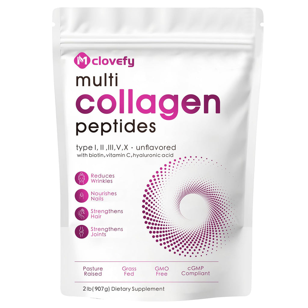Multi Collagen Peptides Powder, Unflavored, 1lb (41 Servings) | Hydrolyzed Type I, II, III, V, X Collagen with Hyaluronic Acid, Biotin & Vitamin C, Easily Mixes in Drinks