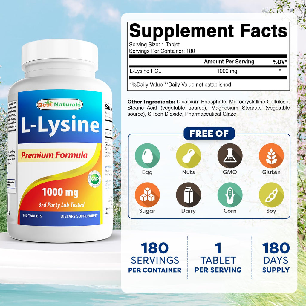 Best Naturals L-Lysine 1000mg 180 Tablets (180 Count (Pack of 1)) (2 Bottles)