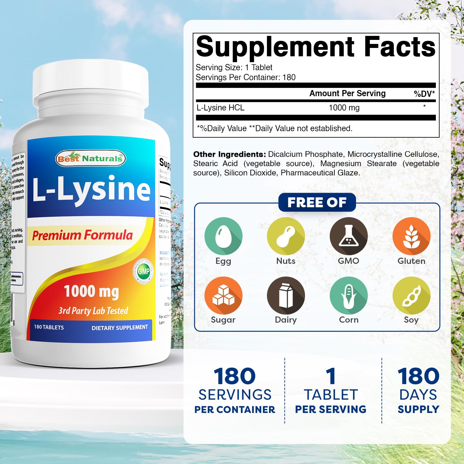 Best Naturals L-Lysine 1000mg 180 Tablets (180 Count (Pack of 1)) (2 Bottles)