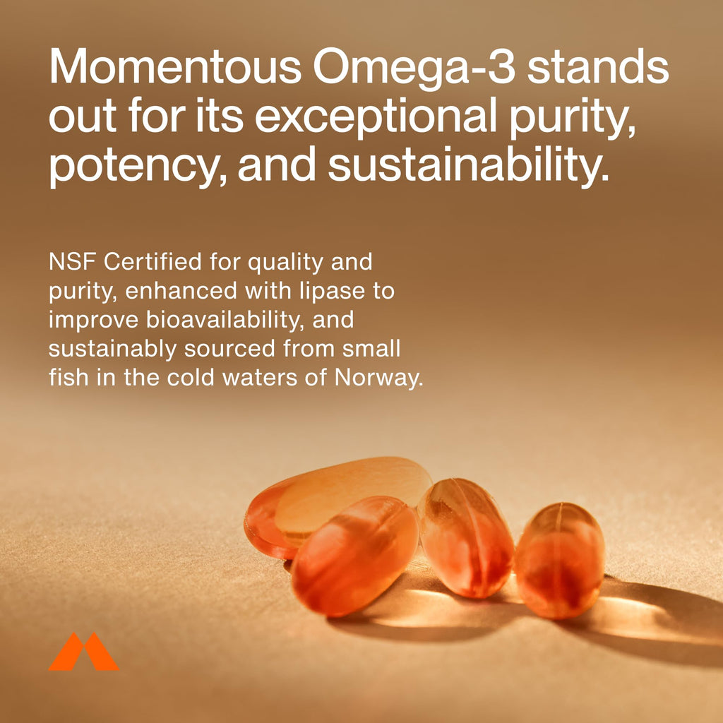 Momentous Omega-3 Fish Oil, EPA & DHA Supplement, No Aftertaste, 1,600mg | Supports Heart, Joint, & Brain Health, Mercury Tested, NSF Certified for Sport, Non-GMO & Gluten-Free (30 Servings)