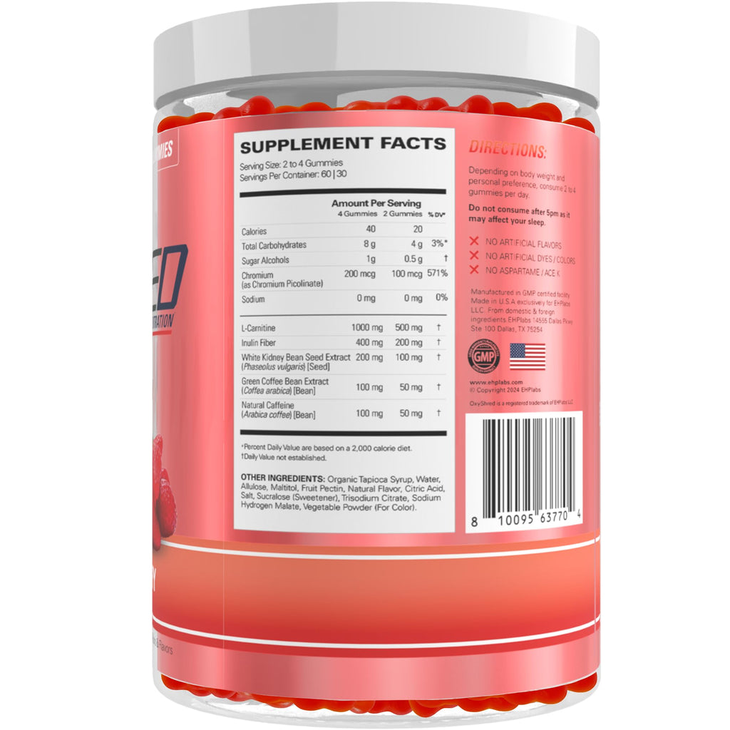 EHP Labs OxyShred Pre Workout Energy Gummies, Strawberry, 60 Servings | 100mg Natural Caffeine, 1000mg L-Carnitine, Vegan & Halal Friendly, No Artificial Colors, Zero Aspartame, HPLC Tested