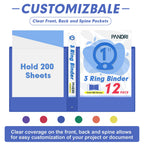 PANDRI 12 Pack 1-inch 3 Ring Binders with 2 Interior Pockets, 6 Colors