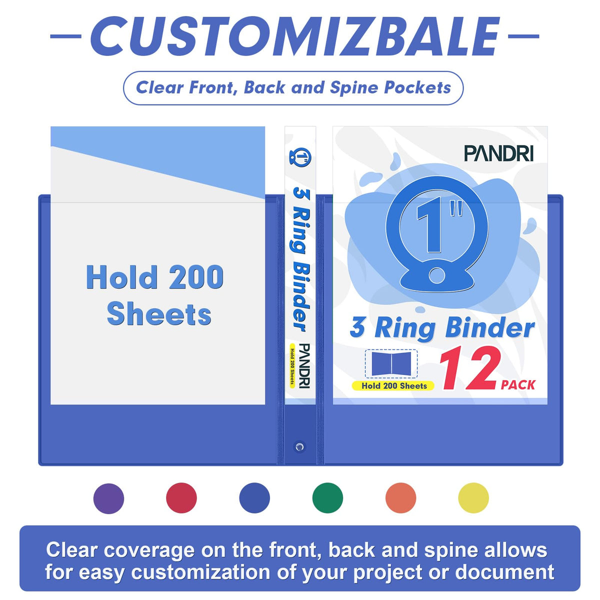 PANDRI 12 Pack 1-inch 3 Ring Binders with 2 Interior Pockets, 6 Colors