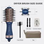 Discover the 4-in-1 Travel Dual Voltage Hair Dryer Brush; compact size with universal adapter for global use.