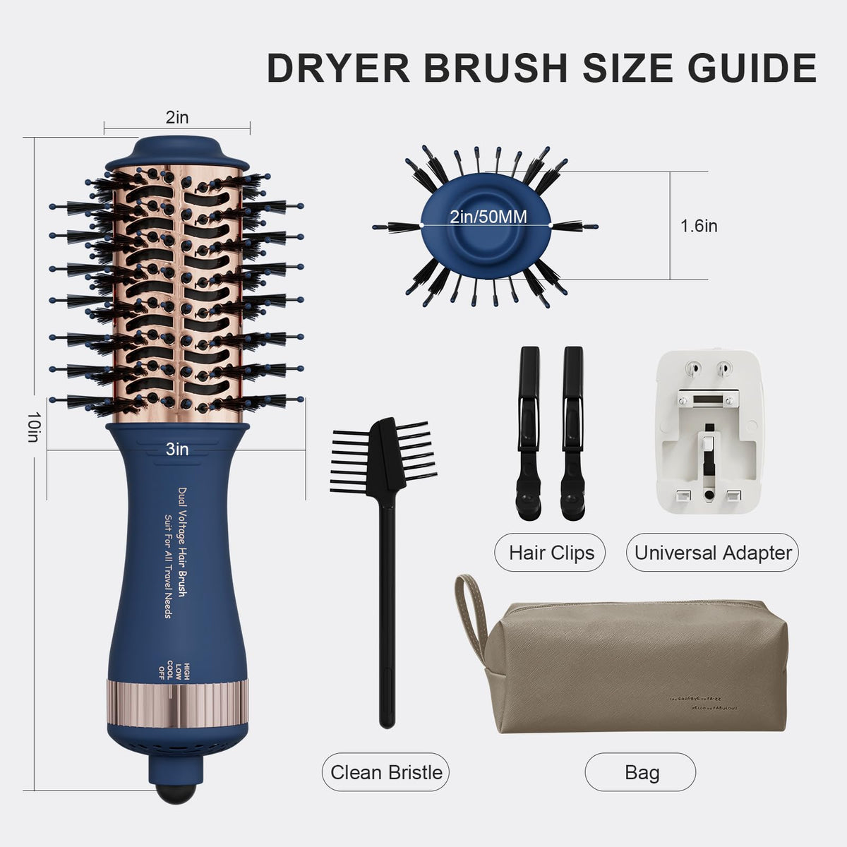 Discover the 4-in-1 Travel Dual Voltage Hair Dryer Brush; compact size with universal adapter for global use.