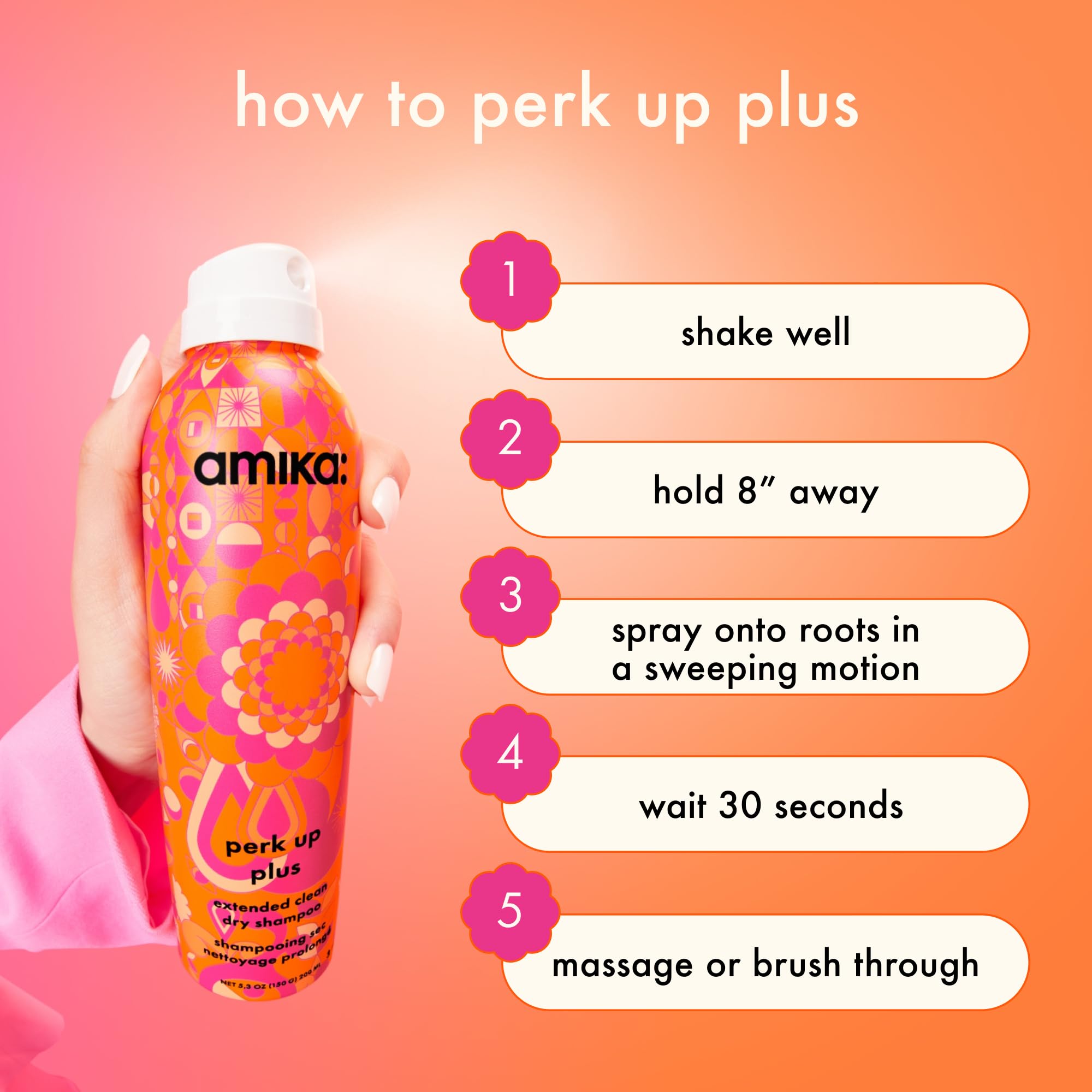 amika perk up plus extended clean dry shampoo | lightweight + buildable, extend time even further between wash days, invisible finish + no white residue, for all hair types