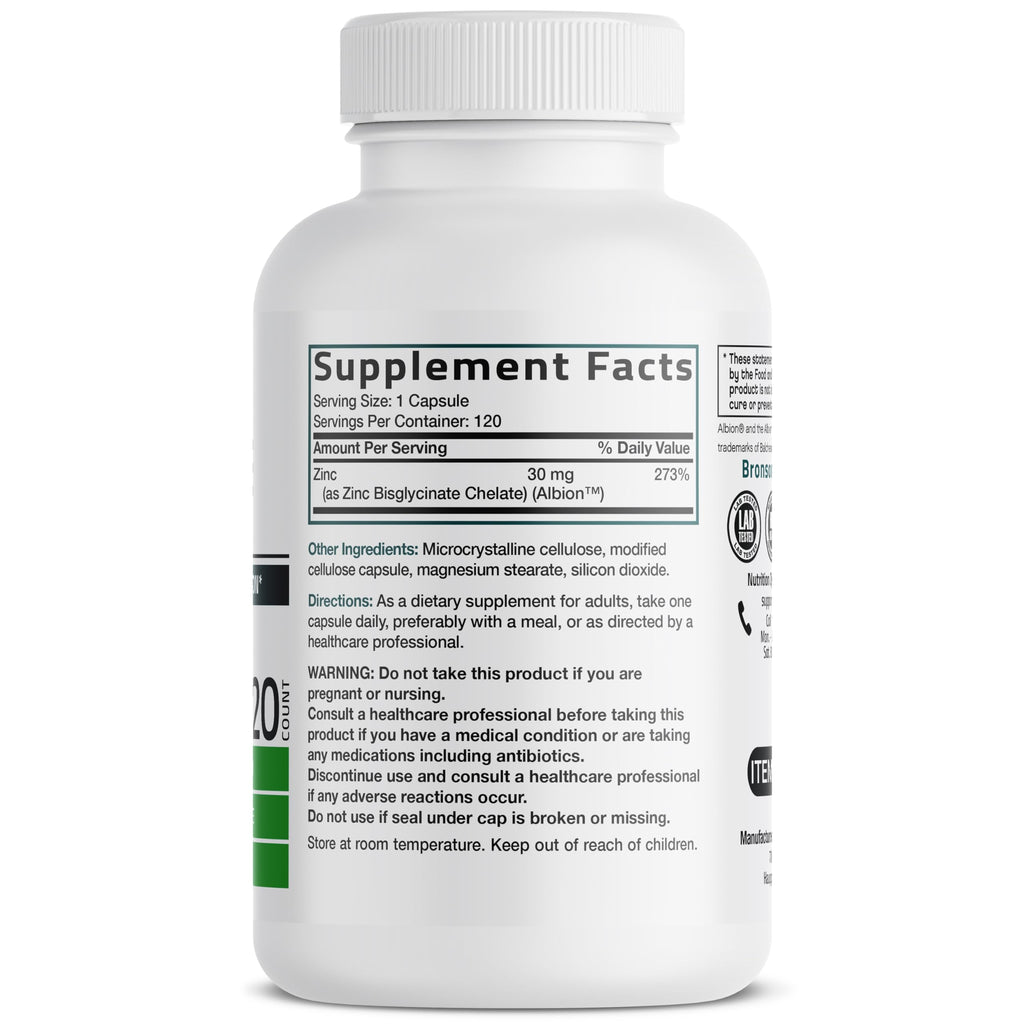 Bronson Zinc Glycinate 30 mg (Zinc Bisglycinate Chelate), 120 Capsules | 100% Chelated Zinc from Albion Minerals for Absorption & Stability, Vegetarian, Non-GMO, Gluten-Free & Soy-Free