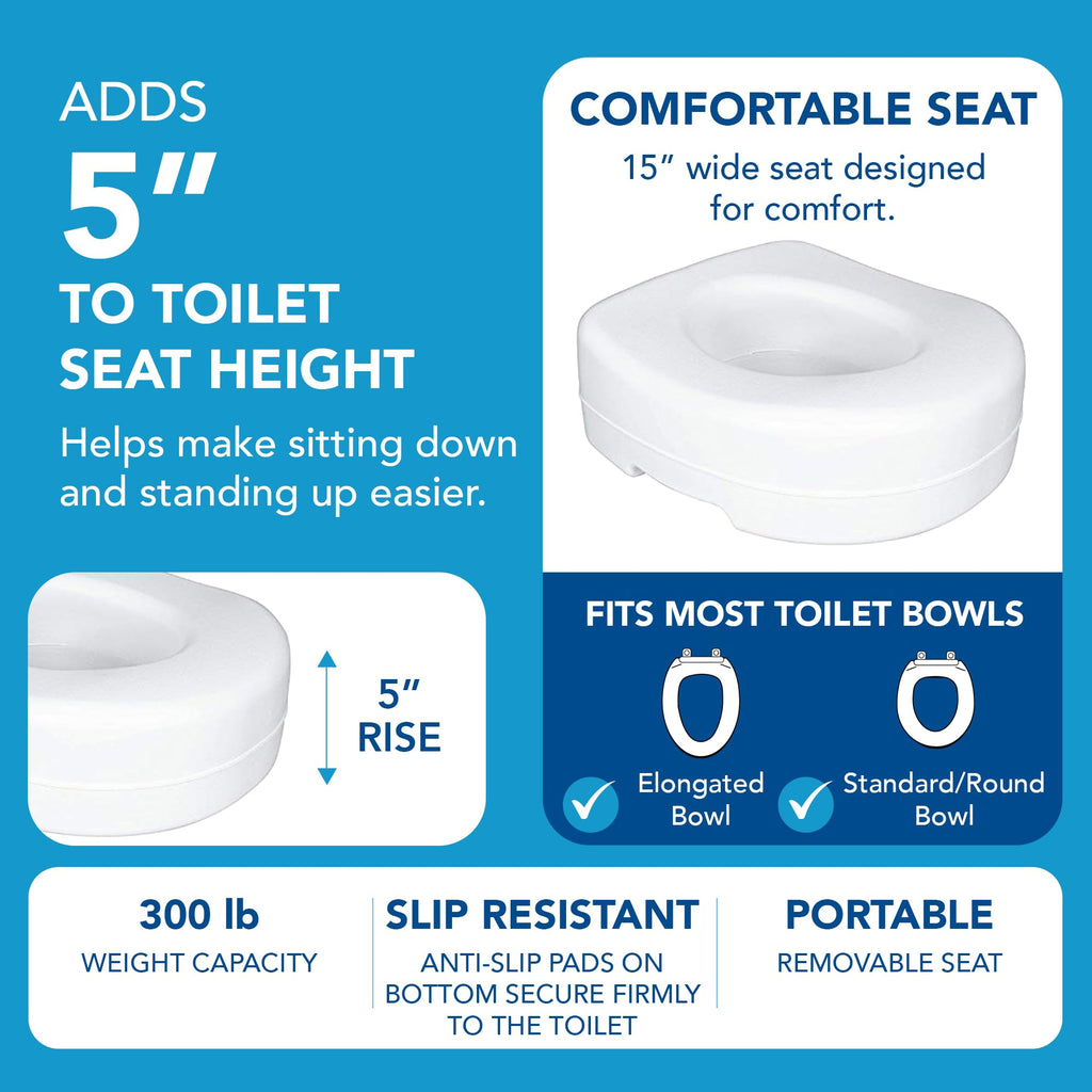 Carex Toilet Seat Riser, 5 Inch, Toilet Seat Risers for Seniors, Raised Toilet Seat, Supports 300lbs, Slip-Resistant, Toilet Riser, Elevated Toilet Seats