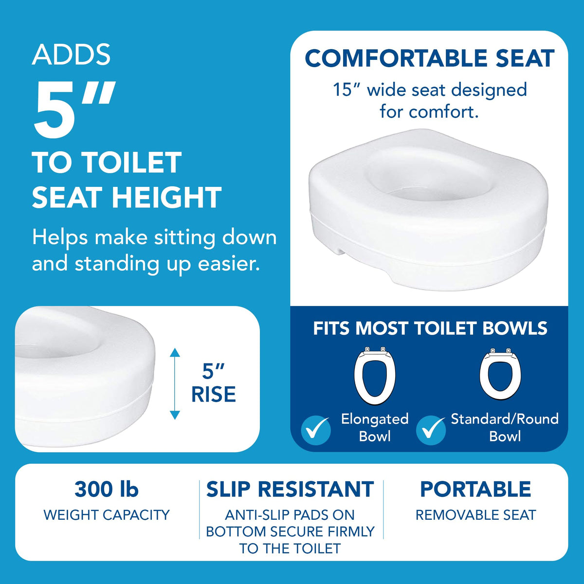 Carex Toilet Seat Riser, 5 Inch, Toilet Seat Risers for Seniors, Raised Toilet Seat, Supports 300lbs, Slip-Resistant, Toilet Riser, Elevated Toilet Seats