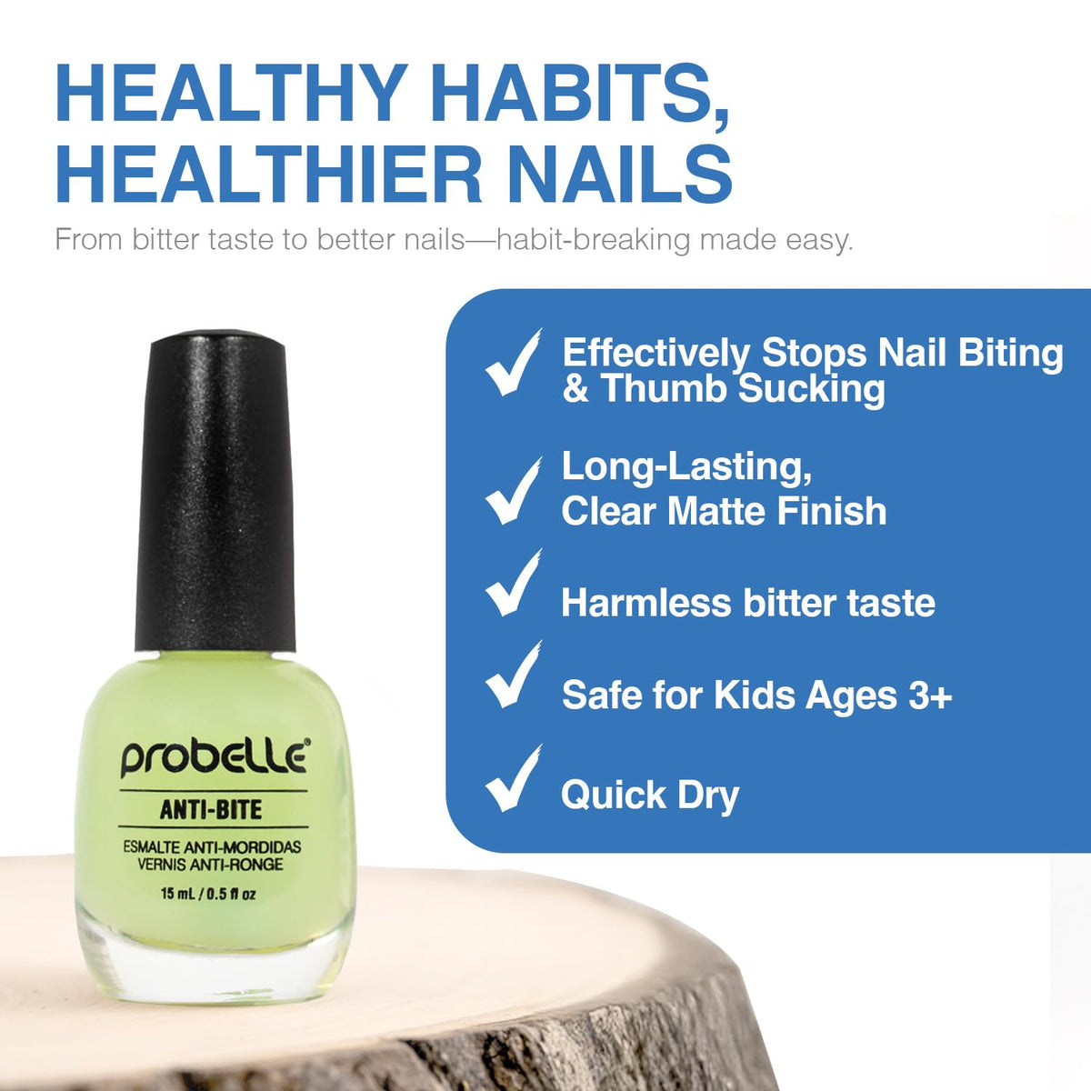 Probelle Anti-Bite, Nail Biting Treatment for Kids & Adults to Quit habit, No Bite Nail Polish Deterrent, Thumb Guard & Prevents Finger Sucking, Bitter Taste Nail Care, For Ages 3+, 0.5 fl oz (15 ml)