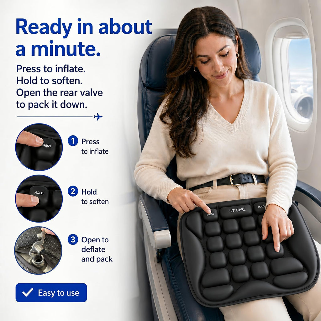 Airplane Seat Cushion, Air-Cell Travel Cushion for Long Flights, Inflatable Portable Seat Pad with Built-in Pump for Air Travel, Car, Office Chair and Wheelchair