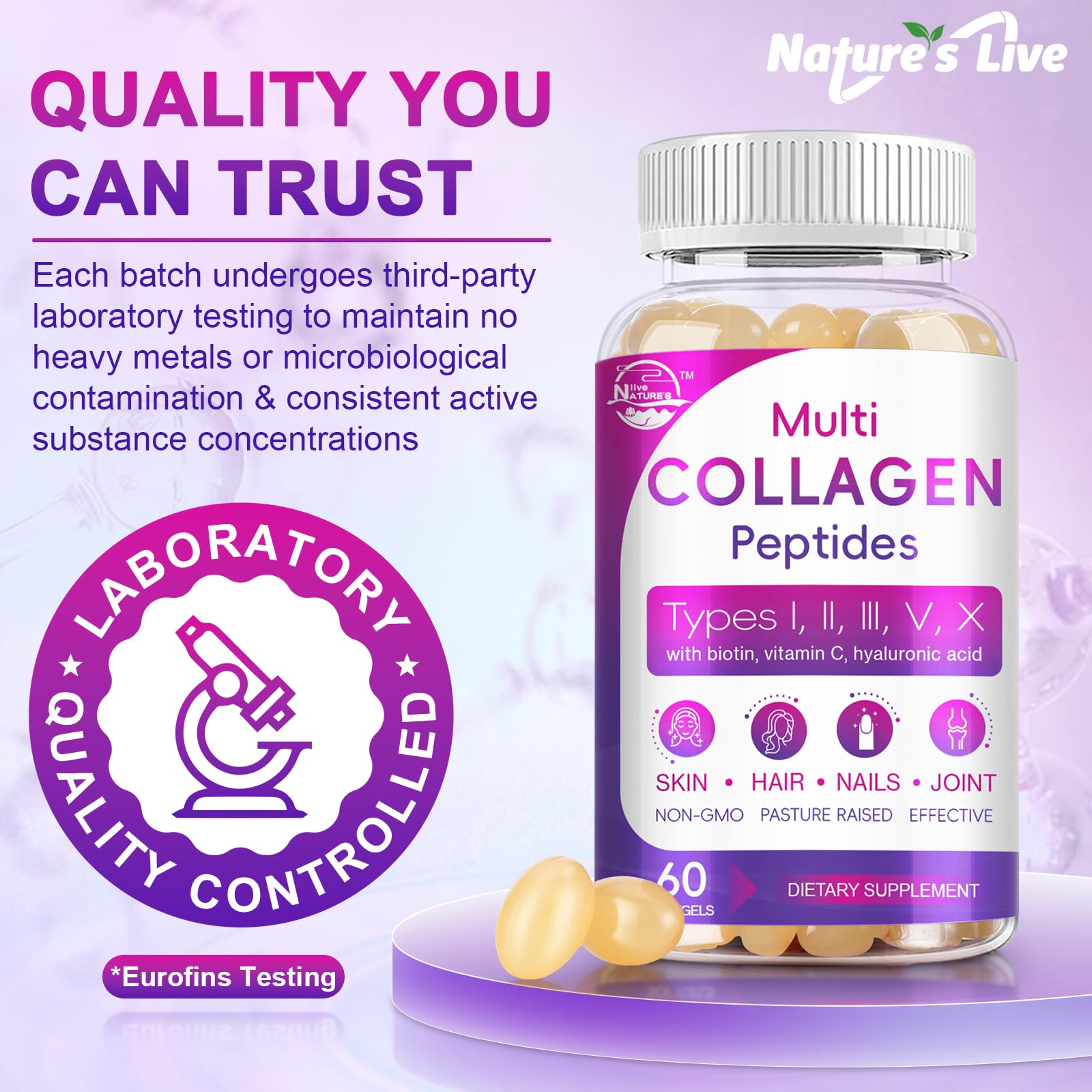 Nature's live Multi Collagen Peptides Softgel - Type I, II, III, V, X | Hydrolyzed Collagen Peptides with Biotin, Hyaluronic Acid, Supports Skin Hair Nail, Grass-Fed, 60 Softgels, 2 Pack