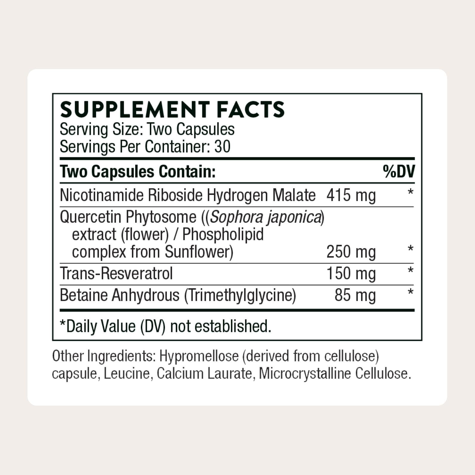 THORNE ResveraCel, NR, Quercetin, Resveratrol & Betaine, 60 Capsules | Supports Healthy Aging, Methylation, Cellular Energy Production & Metabolism*, NAD+ Precursor, NSF Contents Certified