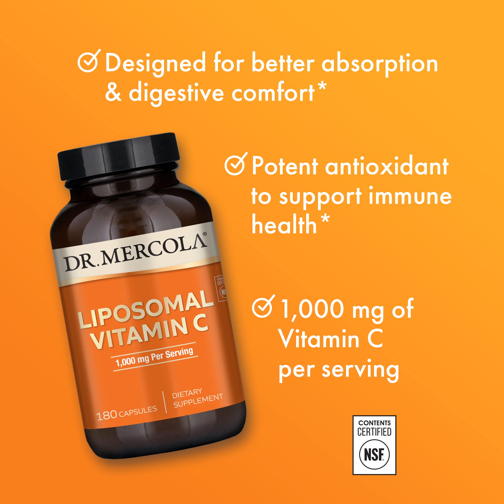 Dr. Mercola Liposomal Vitamin C, 1,000 mg, 180 Capsules (90 Servings) | Supports Brain, Heart, Eye, and Immune Health, Bioavailable Formula, Non-GMO, Gluten-Free and Soy-Free