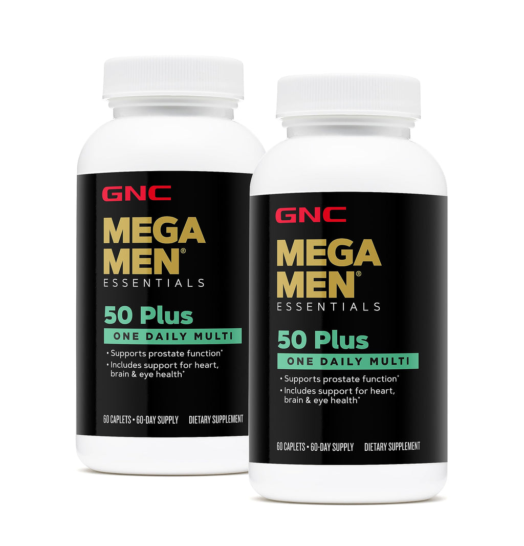 Buy now GNC Mega Men 50 Plus One Daily Multivitamin, Twin Pack, 60 Caplets per Bottle, Supports Heart, Brain and Eye Health at indiglob india