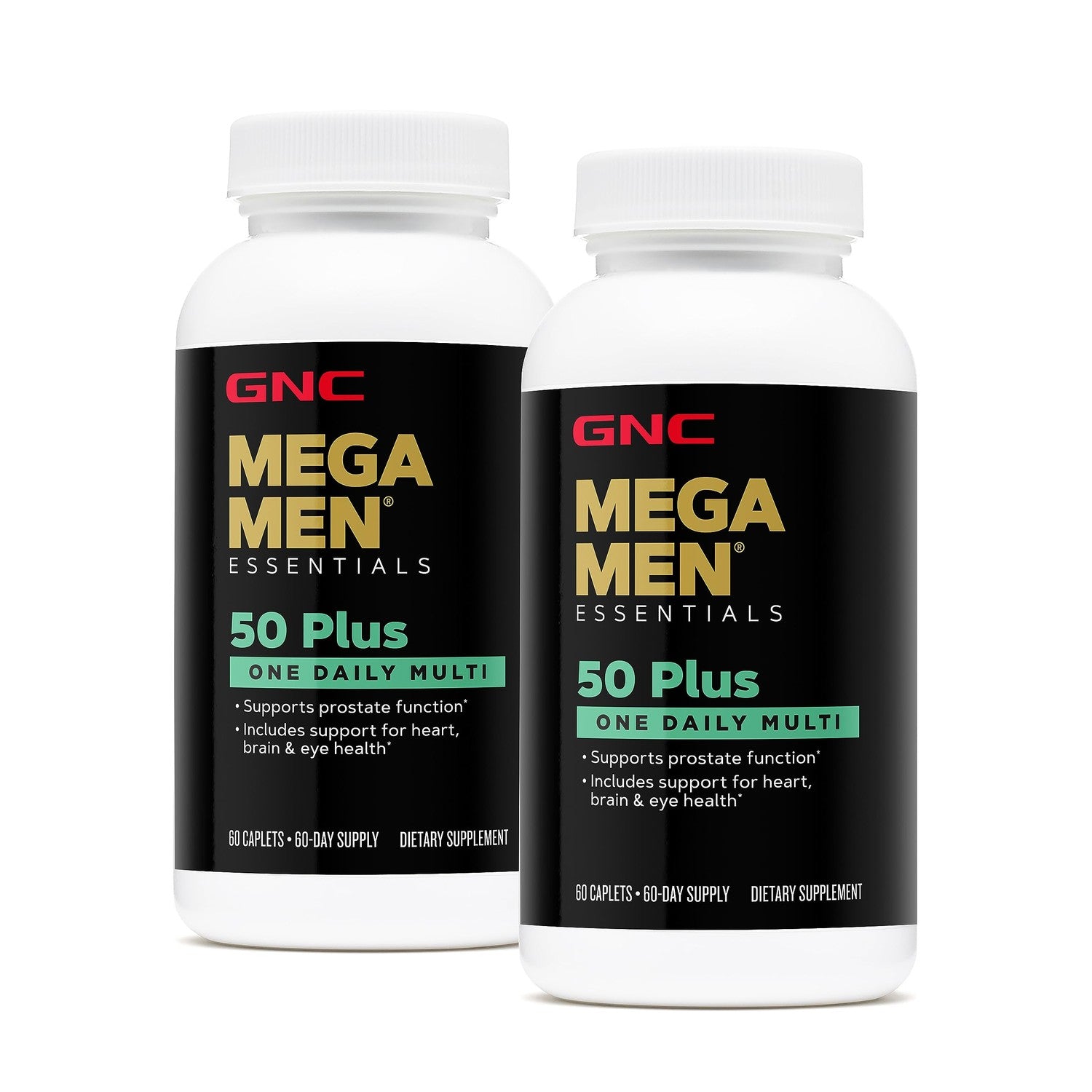Buy now GNC Mega Men 50 Plus One Daily Multivitamin, Twin Pack, 60 Caplets per Bottle, Supports Heart, Brain and Eye Health at indiglob india
