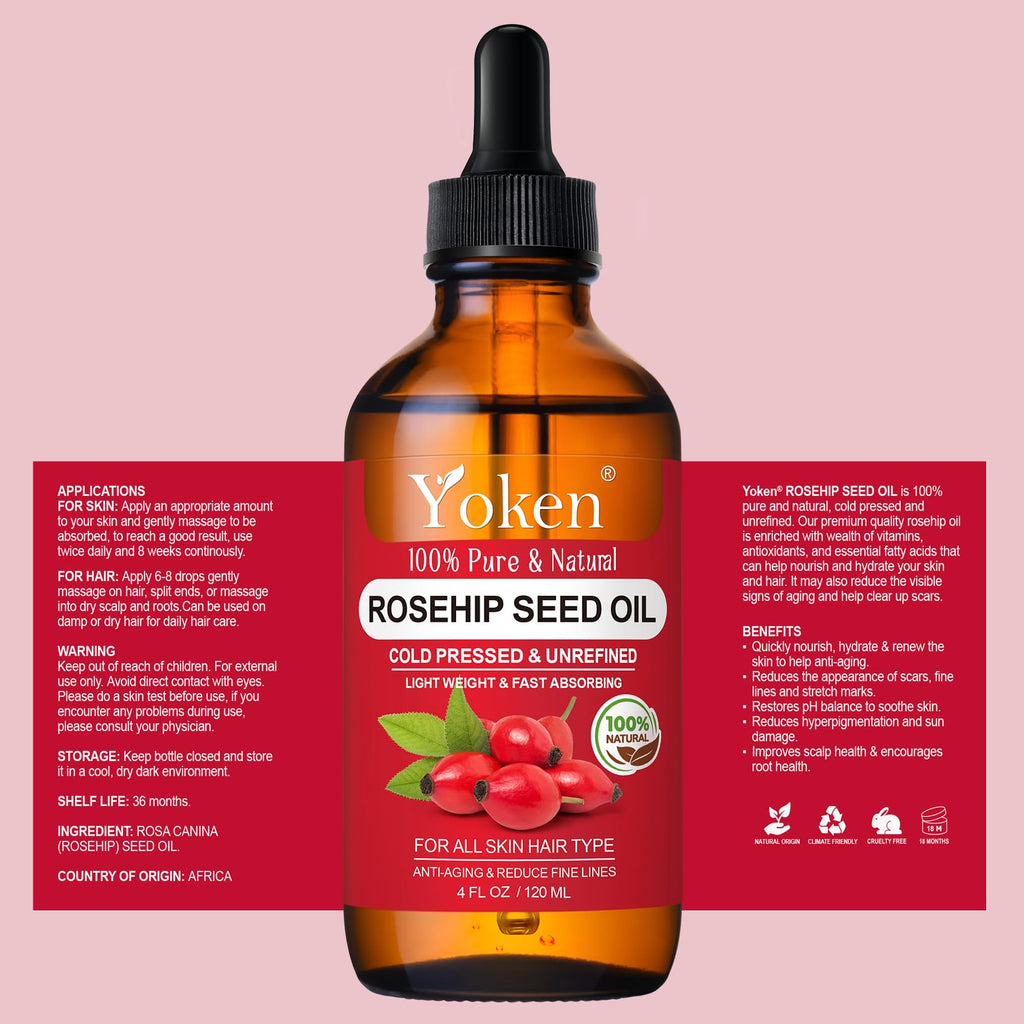 Yoken Cold Pressed Organic Rosehip Seed Oil for Face, Hair & Body, 4 fl oz | Rosehip Oil for Face Hair Body and Nails Rich in Essential Fatty Acids Lightweight Moisturizing Carrier Oil