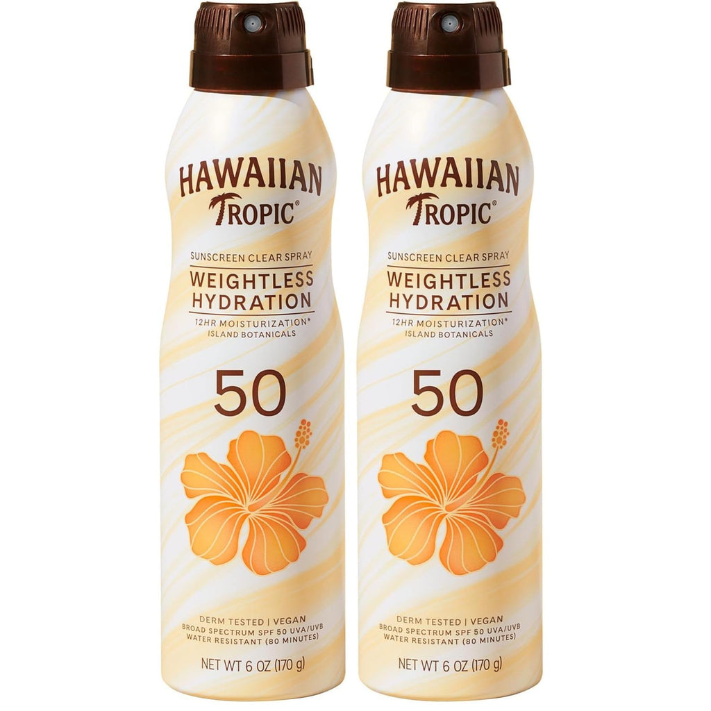 Hawaiian Tropic Weightless Hydration SPF 30 Sunscreen Spray, 6 Oz (2 Pack) | Clear body sunscreen, Lightweight texture, Water resistant sunblock, Continuous spray application, 12 hour hydration