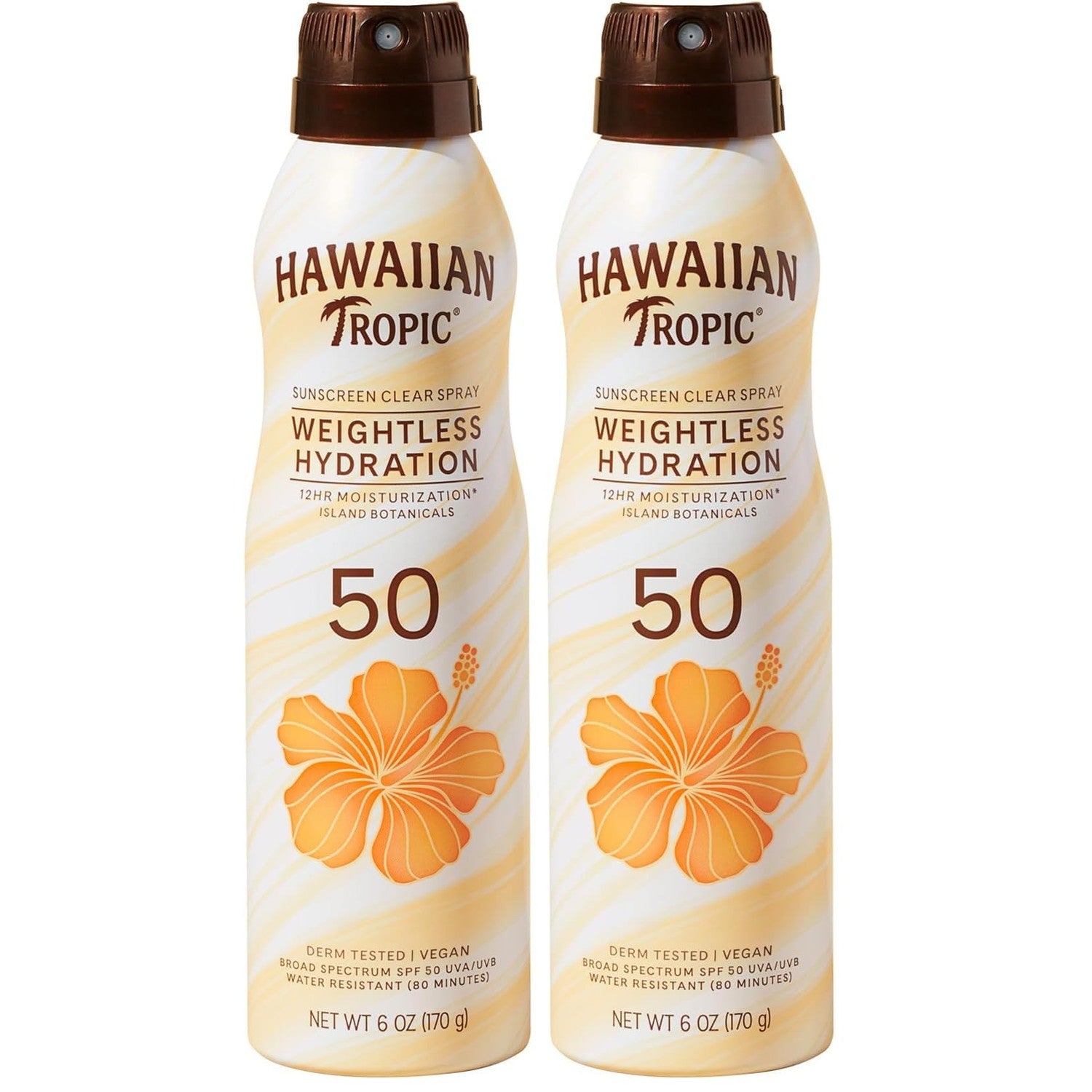 Hawaiian Tropic Weightless Hydration SPF 30 Sunscreen Spray, 6 Oz (2 Pack) | Clear body sunscreen, Lightweight texture, Water resistant sunblock, Continuous spray application, 12 hour hydration