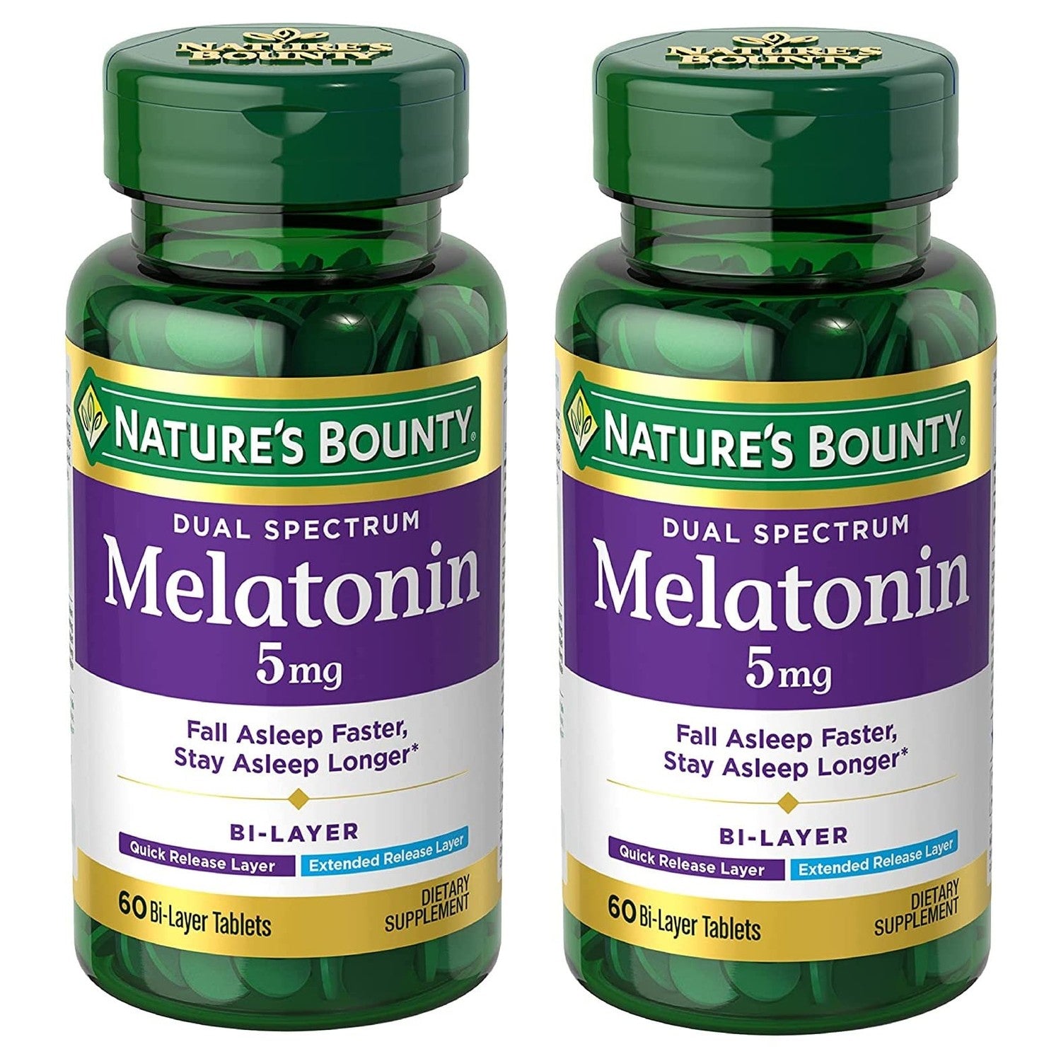 Nature's Bounty Melatonin 5mg Dual Spectrum, 100% Drug Free Sleep Supplement, Quick Release and Extended Release, Promotes Relaxation and Sleep Health, 60 Bi-Layer Tablets (Pack of 2)