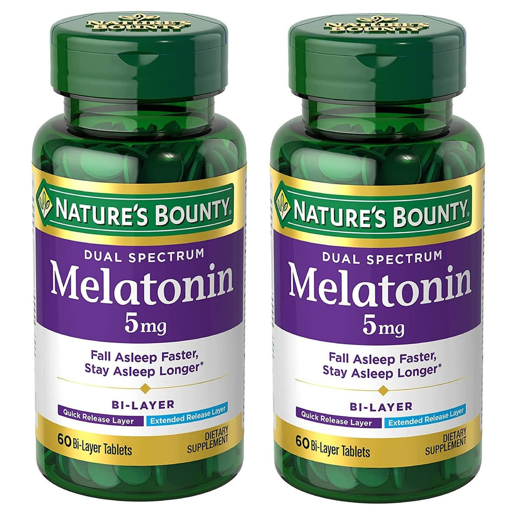 Nature's Bounty Melatonin 5mg Dual Spectrum, 100% Drug Free Sleep Supplement, Quick Release and Extended Release, Promotes Relaxation and Sleep Health, 60 Bi-Layer Tablets (Pack of 2)