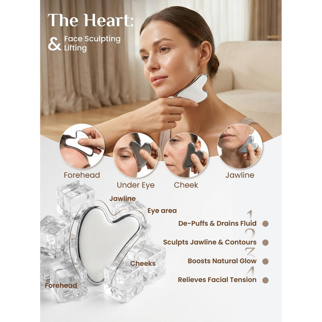Rena Chris Gua Sha & Muscle Scraper Tool, Stainless Steel Body & Face Gua Sha Set for Deep Tissue Massage & Lymphatic Drainage, Guide & Travel Pouch Included (3-Piece Kit)