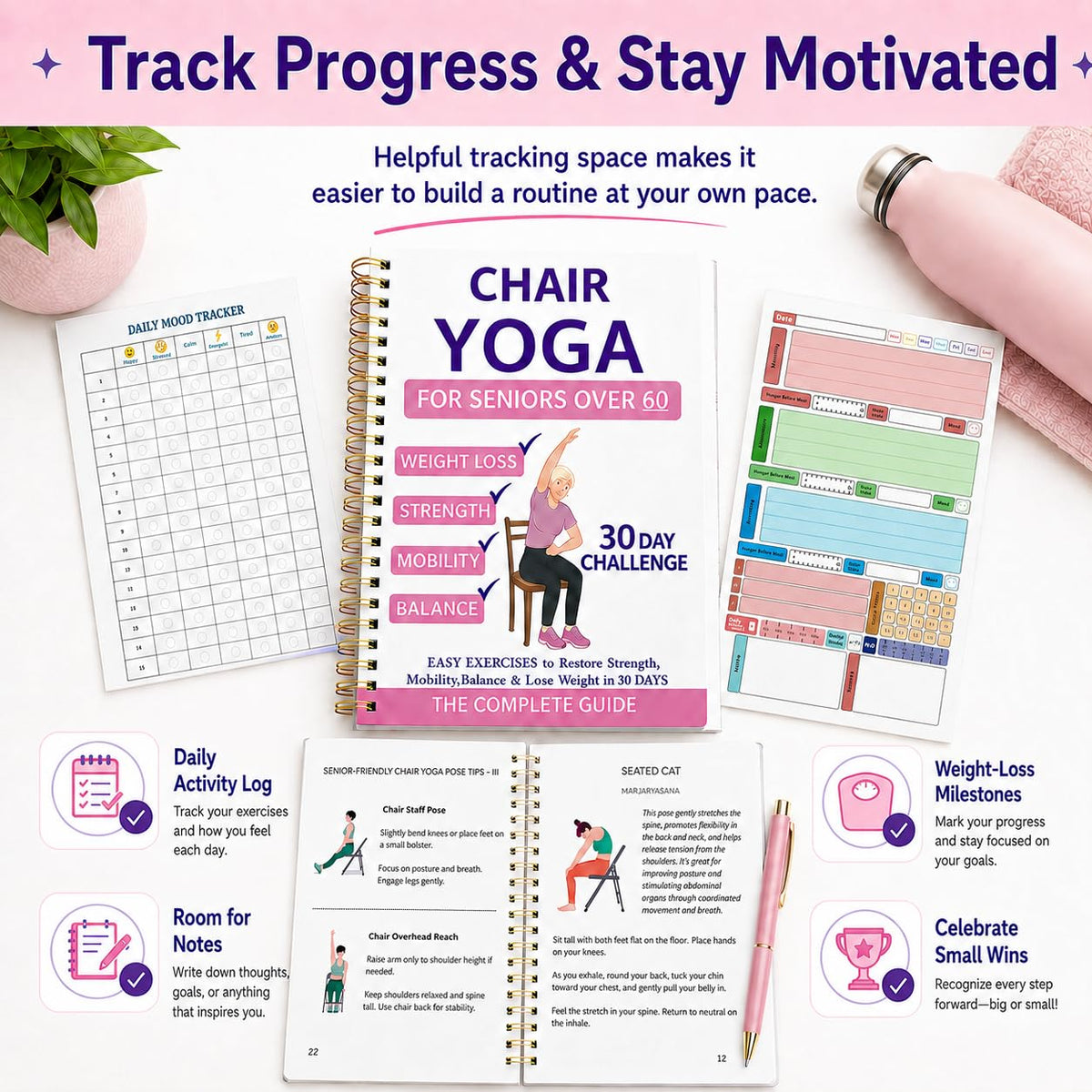 Chair Yoga For Seniors Over 60 Book & Chart,30-Day Beginner Challenge with 54-Page Spiral Bound Exercise Guide,Senior Fitness Planner for Weight Loss,Toning,Flexibility and Daily Workouts,Pink