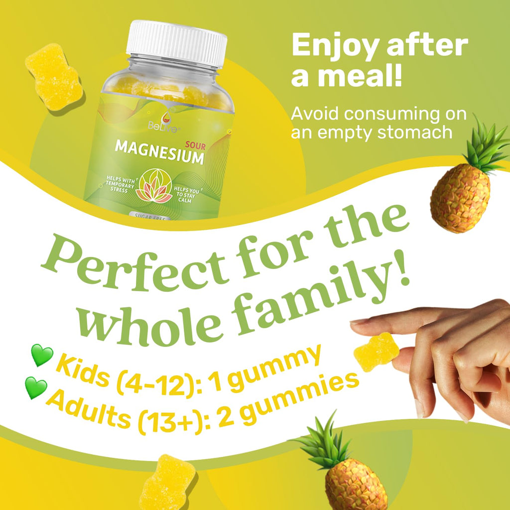 BeLive Magnesium Glycinate Gummies for Sleep Support, Zero Sugar, 180 Count | High Absorption Supplement for Muscle Relaxation, Nerve Function, Heart and Bone support, Adults & Kids, Pineapple Flavor