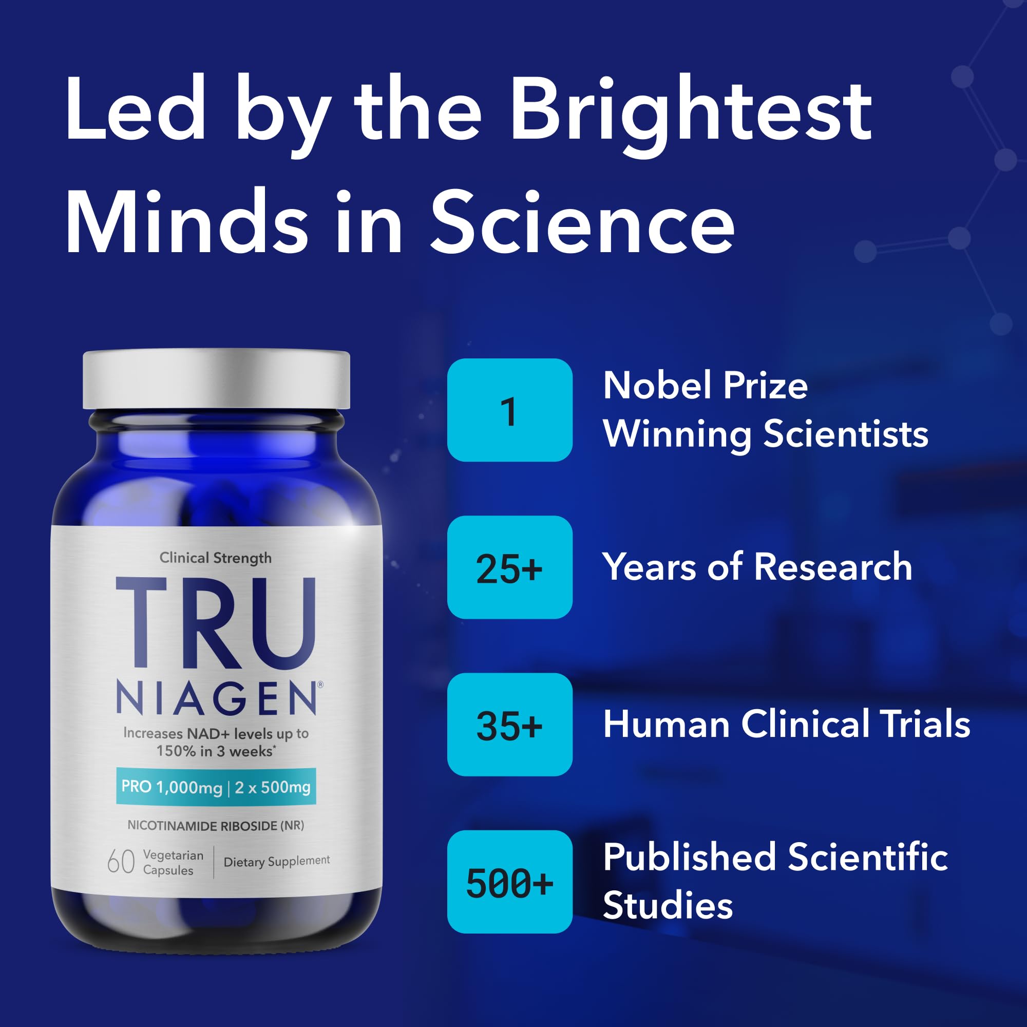 TRU NIAGEN NAD+ Supplement, Nicotinamide Riboside 1000mg, 30 Daily Servings | High-potency NAD+ support: 1000mg Niagen NR daily from two 500mg capsules, supports cellular energy and healthy aging.