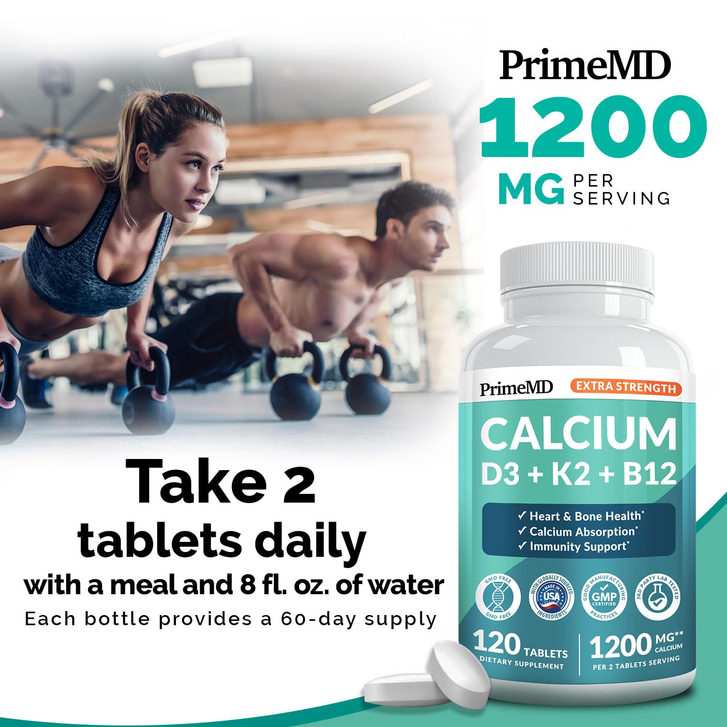PrimeMD 4-in-1 Calcium 1200mg, Vitamin D3 K2 5000IU, Vegan Non-GMO, 120ct | Bone Health and Everyday Vitality Support, Extra Strength Calcium with Vitamin D3 and K2, Vegan, Non-GMO, Calcium Supplement