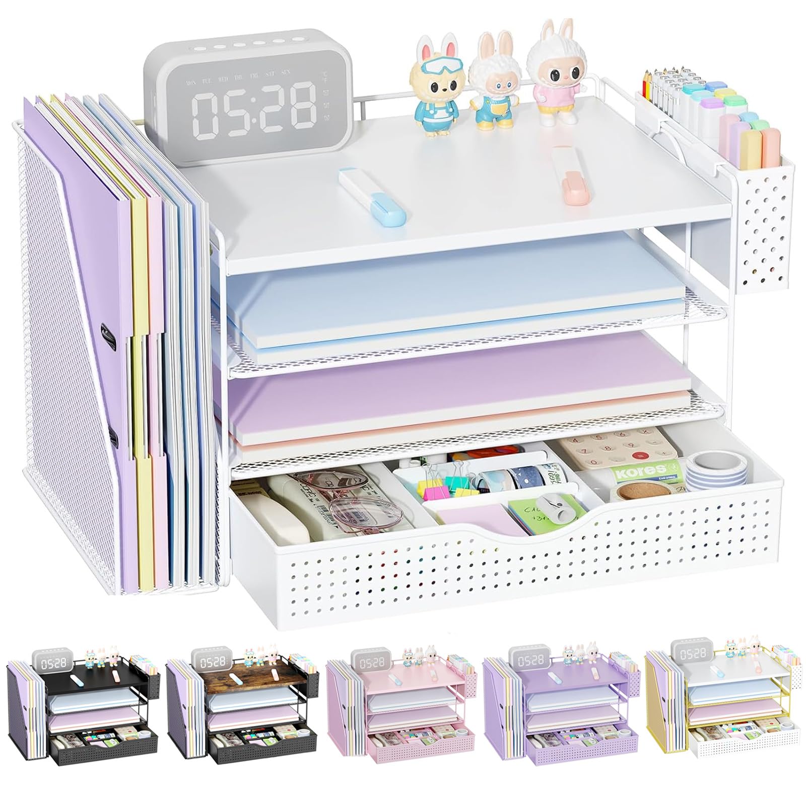 Buy now gianotter Wood Desk Organizers and Accessories with File Holder, 4-Tier Desk Accessories & Workspace Organizers with Drawer and Pen Holder, Paper Organizer for Office Supplies (Black) White at indiglob india
