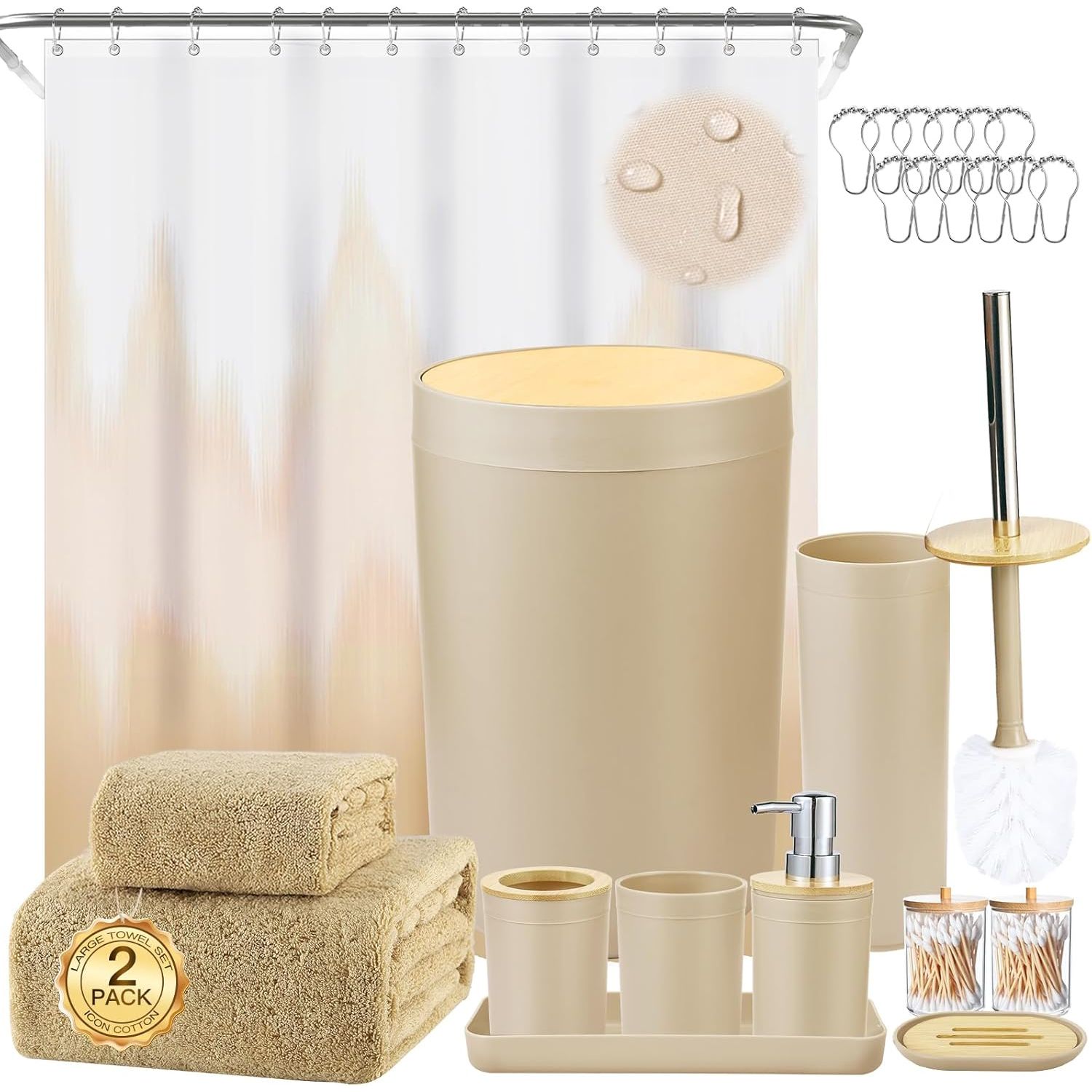 Buy now iMucci 9Pcs Black Bathroom Accessories Set with Trash Can Bathroom Set Black Bathroom Accessories Bathroom Decor Bath Set+Shower Curtain+Bath Towel Set Beige at indiglob india