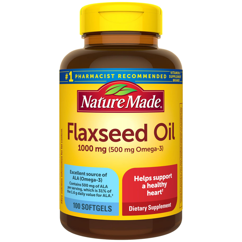 Nature Made Flaxseed Oil 1000 mg Softgels, 180 Softgels | Fish Free Omega 3 Supplement, Dietary Supplement for Heart Health Support, 180 Day Supply