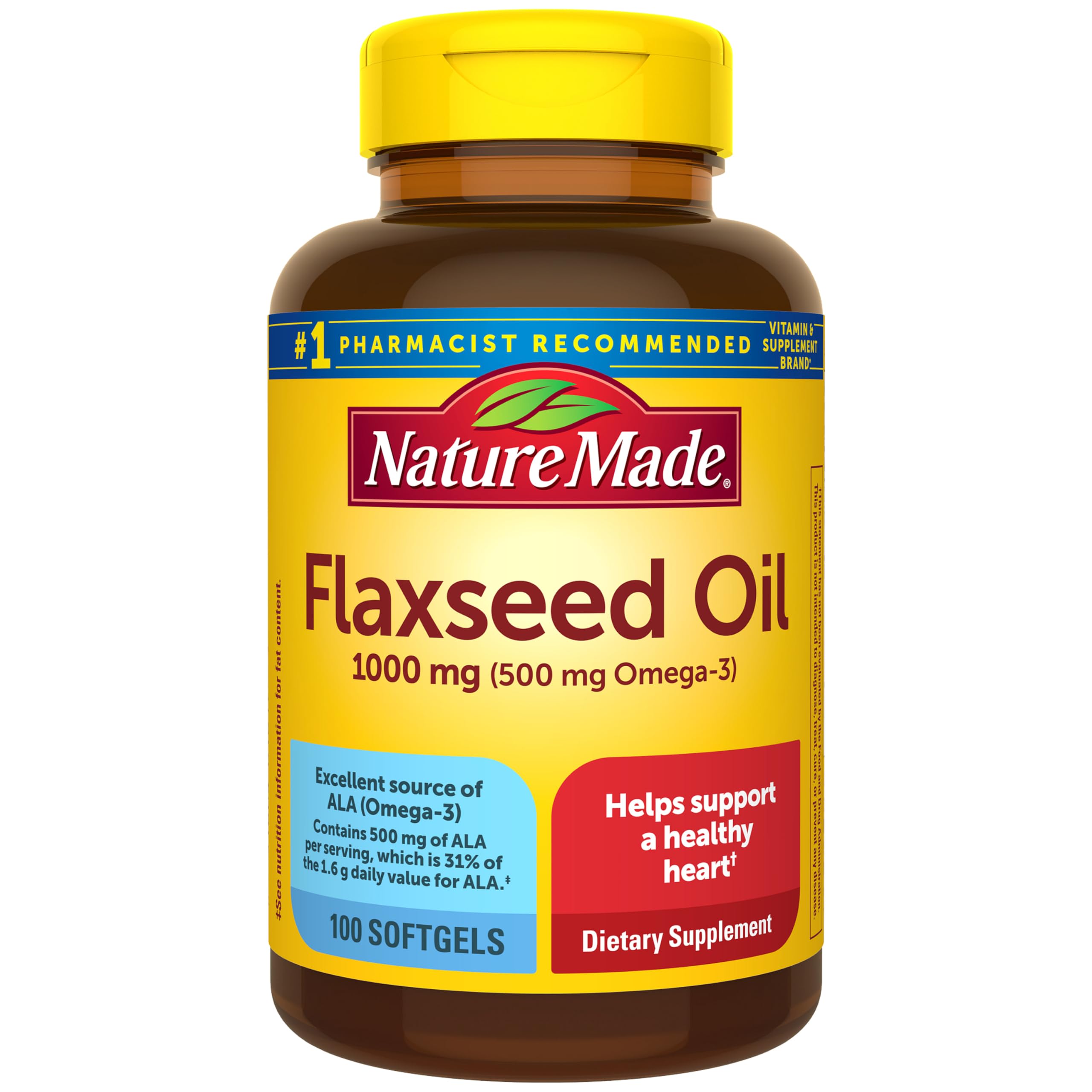 Nature Made Flaxseed Oil 1000 mg Softgels, 180 Softgels | Fish Free Omega 3 Supplement, Dietary Supplement for Heart Health Support, 180 Day Supply