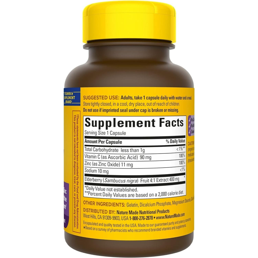 Nature Made Elderberry 400 mg Extract with Vitamin C and Zinc, Dietary Supplement for Immune Support, 60 Capsules, 60 Day Supply (Pack of 2)