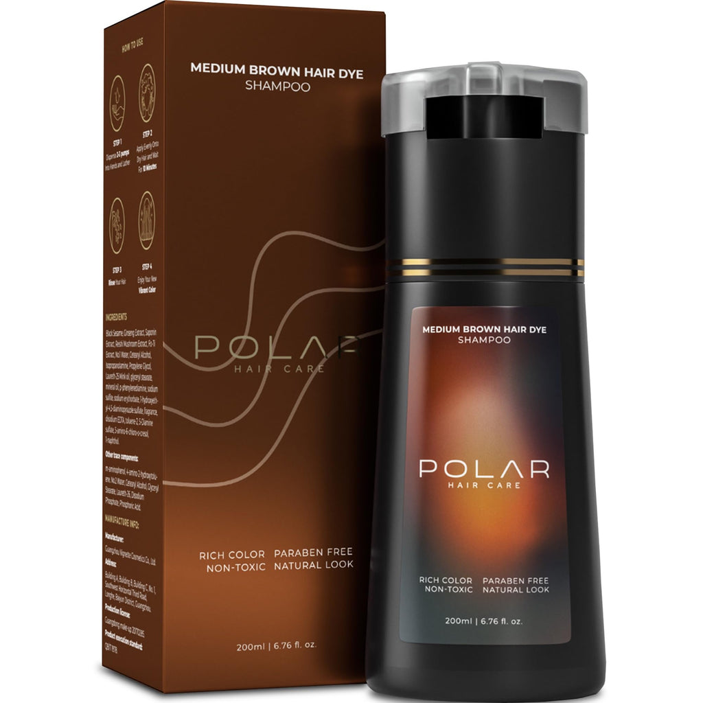 Polar Hair Dye Shampoo Medium Brown Hair Dye Color Shampoo for Gray Hair | 3-in-1 for Men and Women | Vegan, Ammonia-Free, Easy 10-Minute Use - 6.76 fl oz