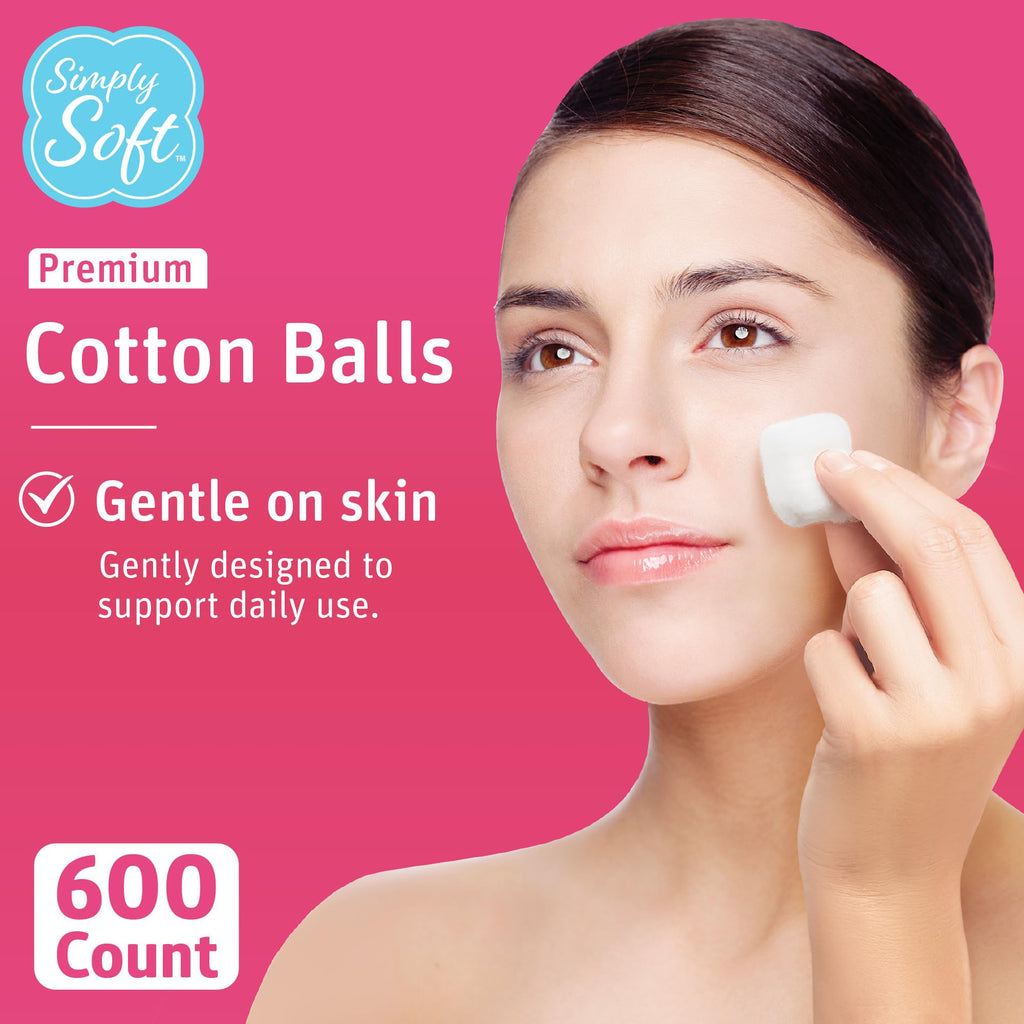Simply Soft Premium Cotton Balls (600 Count), 100% Pure Cotton, Large Cotton Balls for Face and Nail Polish Remover