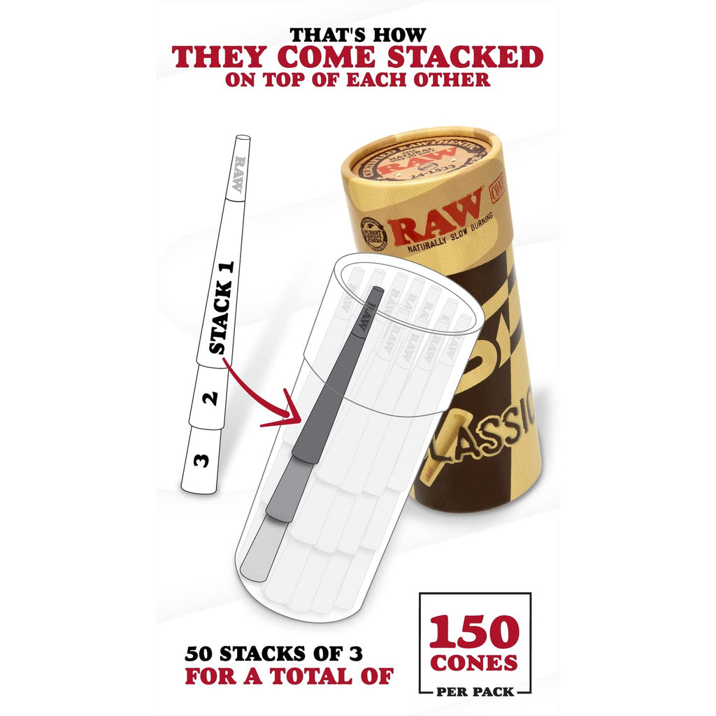 RAW Cones Classic 1-1/4 Size 84mm - 150 Pack Pre Roll Rolling Paper