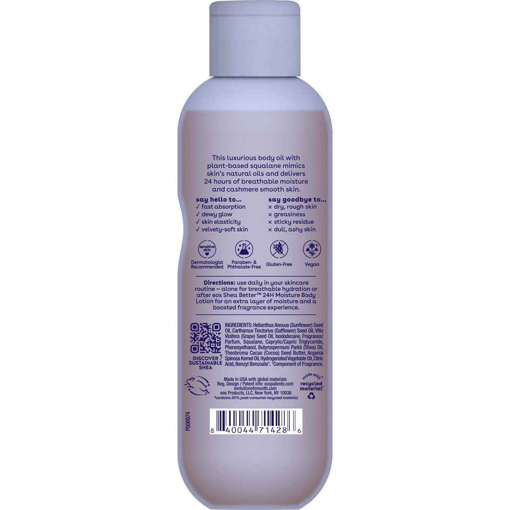 eos Cashmere Body Oil, Vanilla Cashmere, 24 Hour Moisture, Plant-Based Squalane to Soothe, Soften and Smooth Dry Skin, 6 fl oz