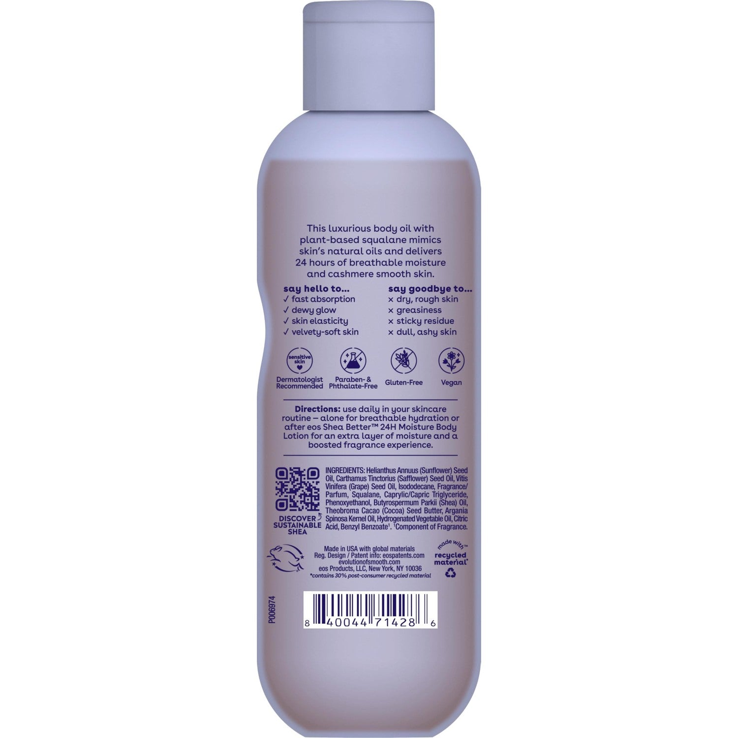 eos Cashmere Body Oil, Vanilla Cashmere, 24 Hour Moisture, Plant-Based Squalane to Soothe, Soften and Smooth Dry Skin, 6 fl oz